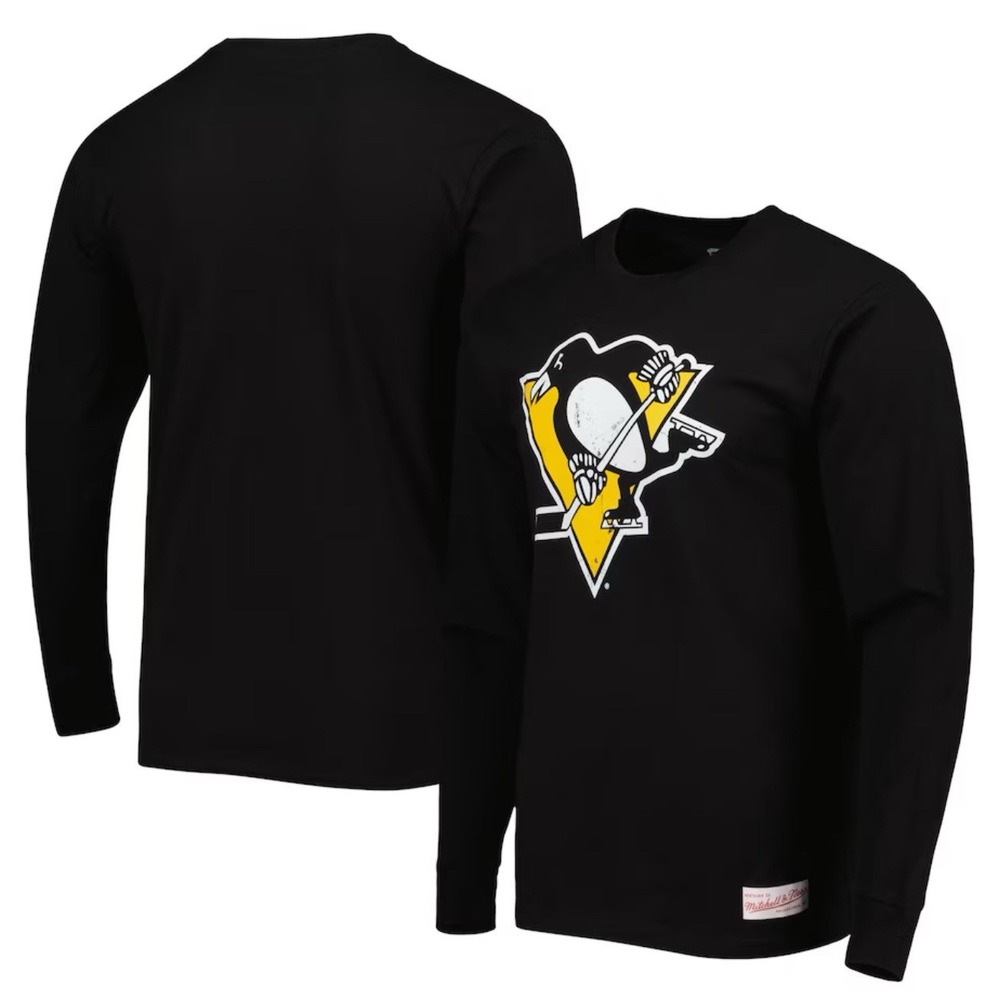 Men's Large Mitchell & Ness Black Pittsburgh Penguins Logo‎ Long Sleeve T-Shirt